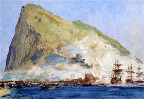 Charles Dixon (1872-1934) View of Gibraltar with English warship landing upon the beach 11 x 16.5in.